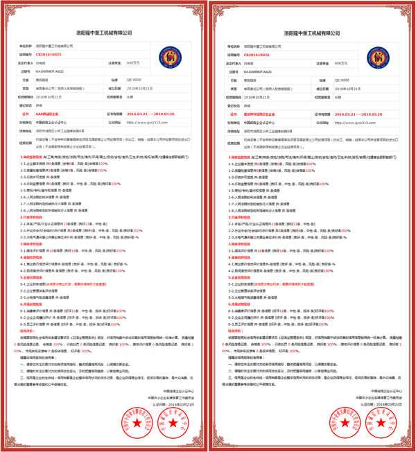 中國誠信企業認證證書:洛陽隆中重工 中國誠信企業認證證書:洛陽隆中重工